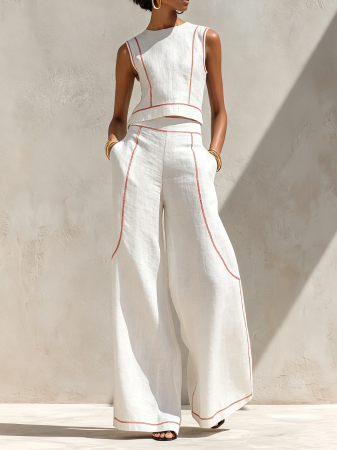 VICTORIA | CONJUNTO BLANCO CON TOP SIN MANGAS Y PANTALÓN DE PIERNA ANCHA