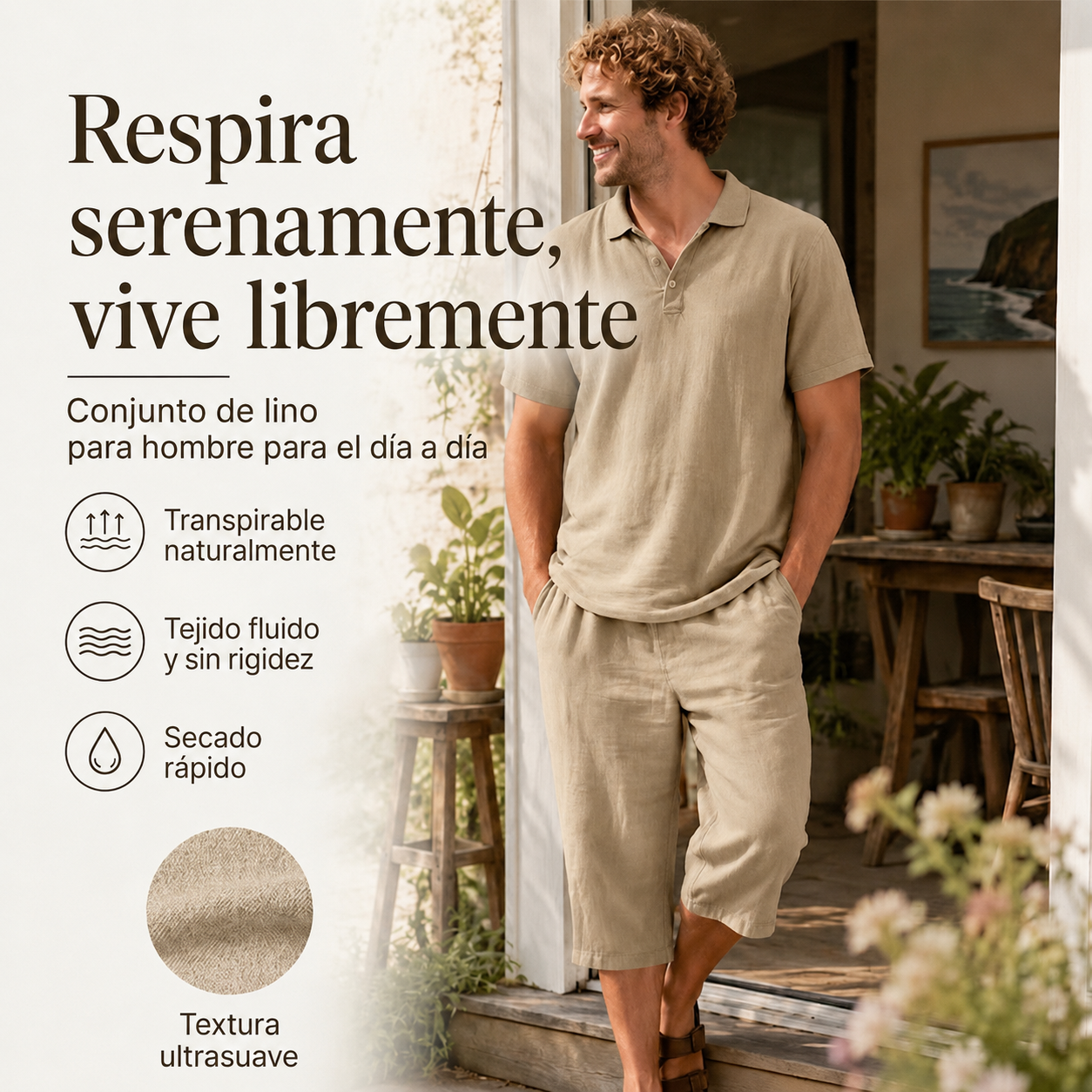 Conjunto de camisa y pantalón informal de lino para hombre