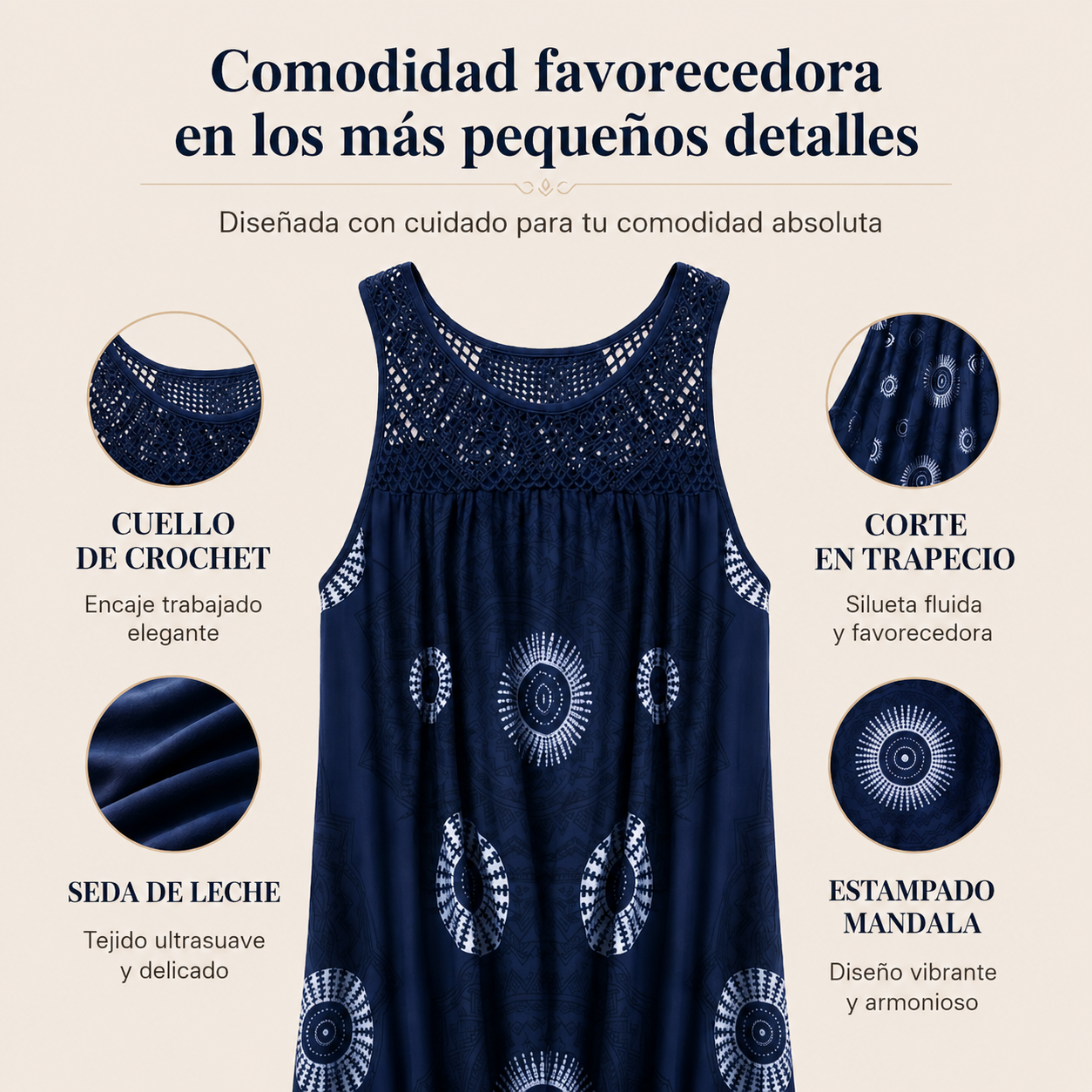 Vestido sin mangas con cuello redondo y estampado para mujer