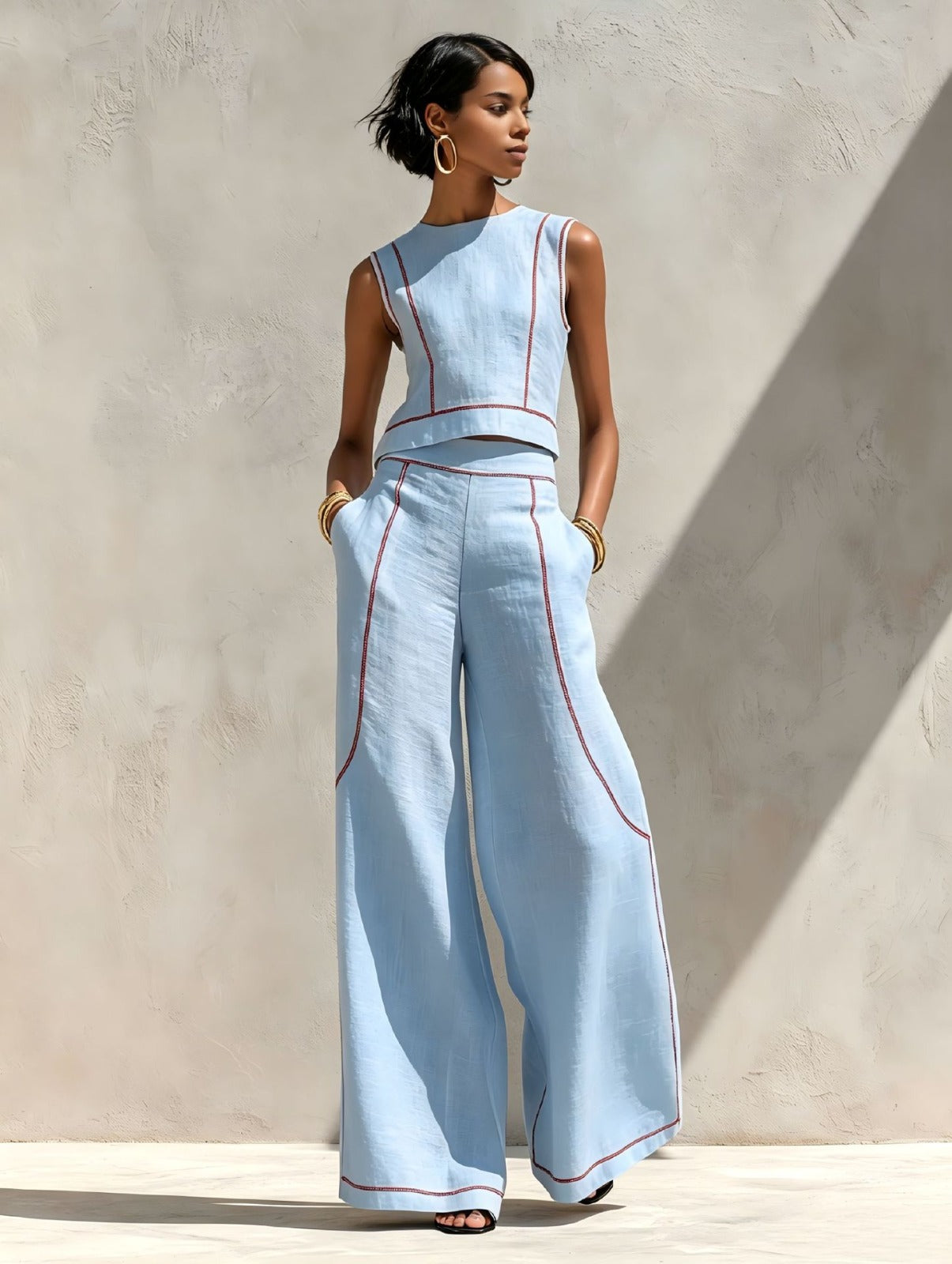 VICTORIA | CONJUNTO BLANCO CON TOP SIN MANGAS Y PANTALÓN DE PIERNA ANCHA