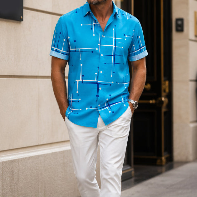 Nereo - Camisa de hombre de corte relajado con botones y estampado geométrico