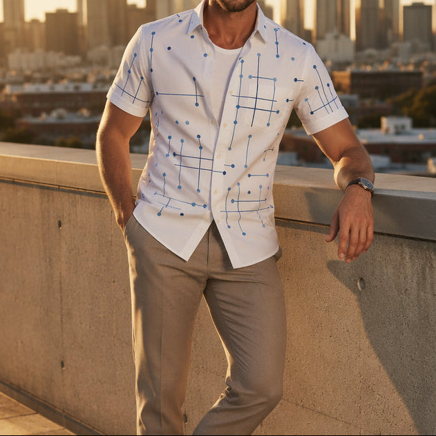 Nereo - Camisa de hombre de corte relajado con botones y estampado geométrico