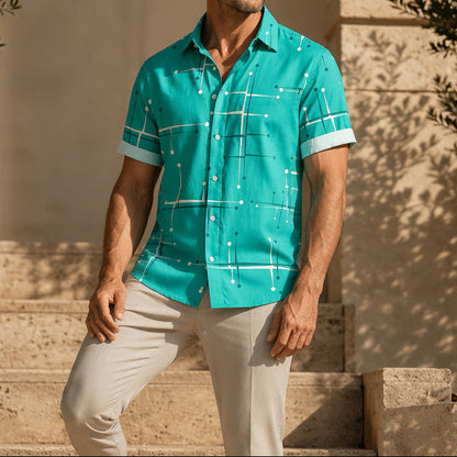 Nereo - Camisa de hombre de corte relajado con botones y estampado geométrico